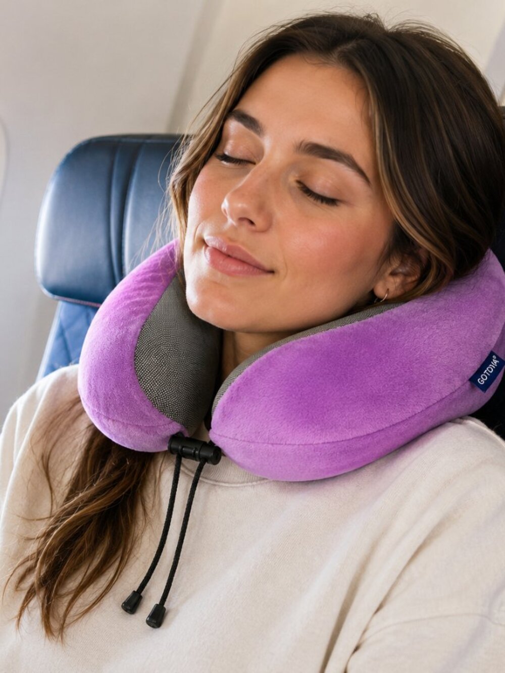 GOTDYA Memory Foam Travel Neck Pillow Purple Adjustable U-Shaped Neck Support